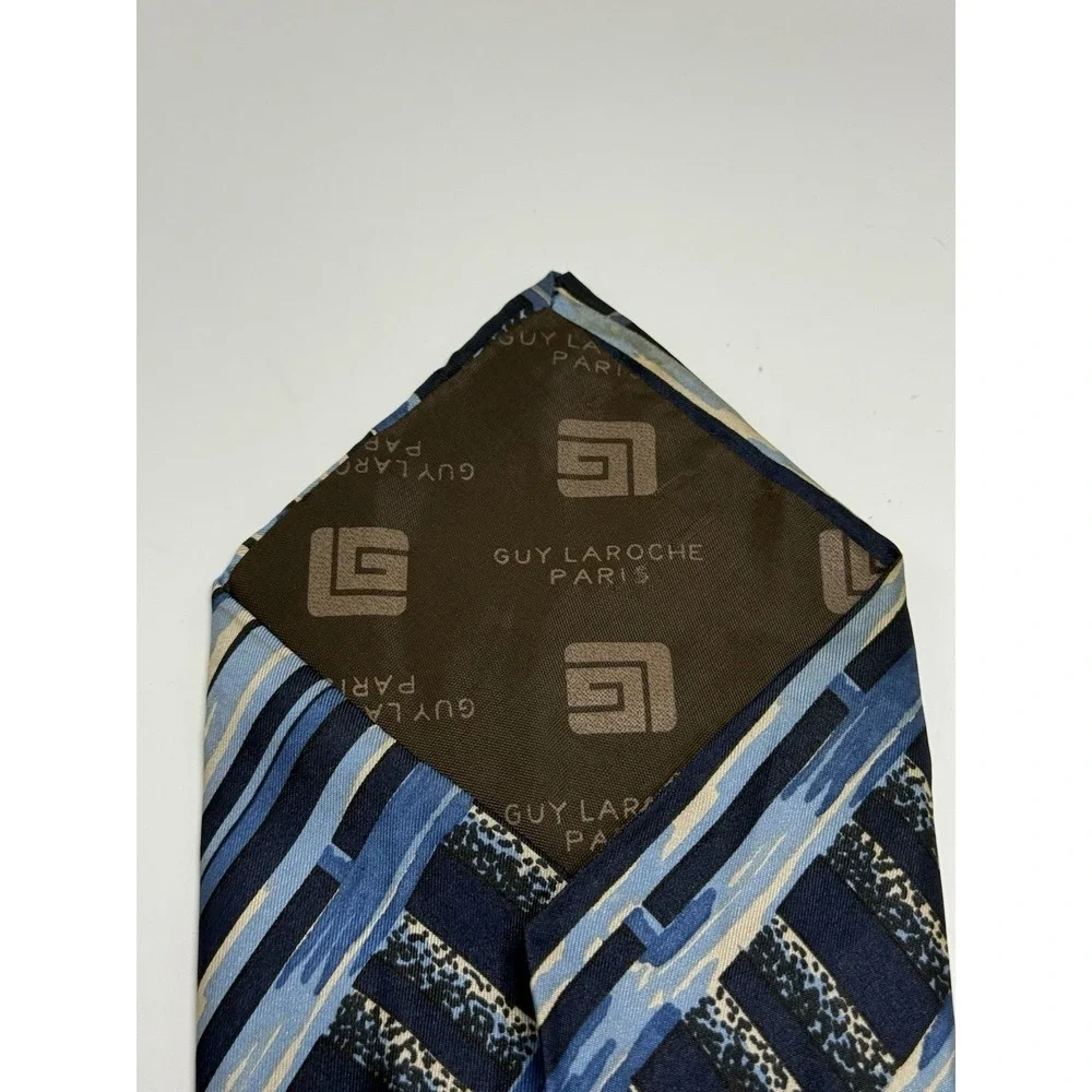 Guy Laroche Paris Mens 100% Silk Tie Blue Abstract Geometric Vintage Necktie